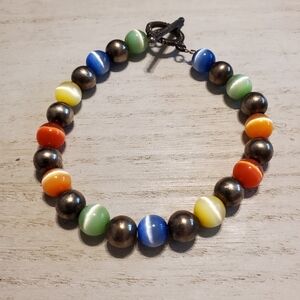 Vintage Sterling Silver & Multicolor Glass Cat's Eye Beaded 7-inch Bracelet